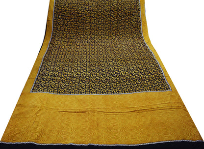 Indian Vintage Sari Beige & Black Pure Crepe Silk Printed Saree 5yard Sewing Floral Soft Craft Fabric Wrap