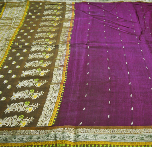 Vintage Purple Hand Woven Saree 100% Pure Silk Indian Sari Metallic Golden Zari 5Yard Floral Design