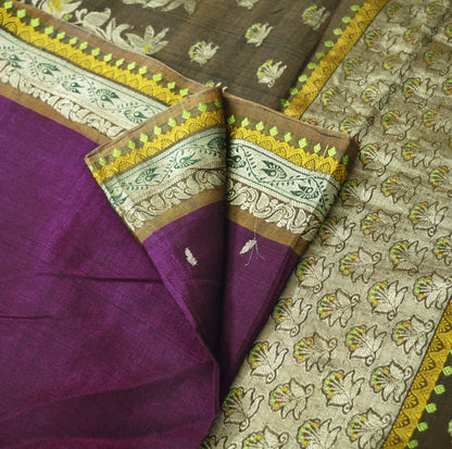 Vintage Purple Hand Woven Saree 100% Pure Silk Indian Sari Metallic Golden Zari 5Yard Floral Design