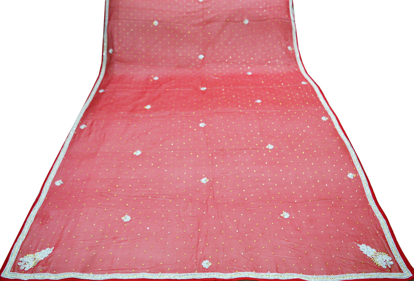 Indian Vintage Red Dupatta Pure Georgette silk Long Stole Hand Embroidered Scarves Sequins Stole Zari