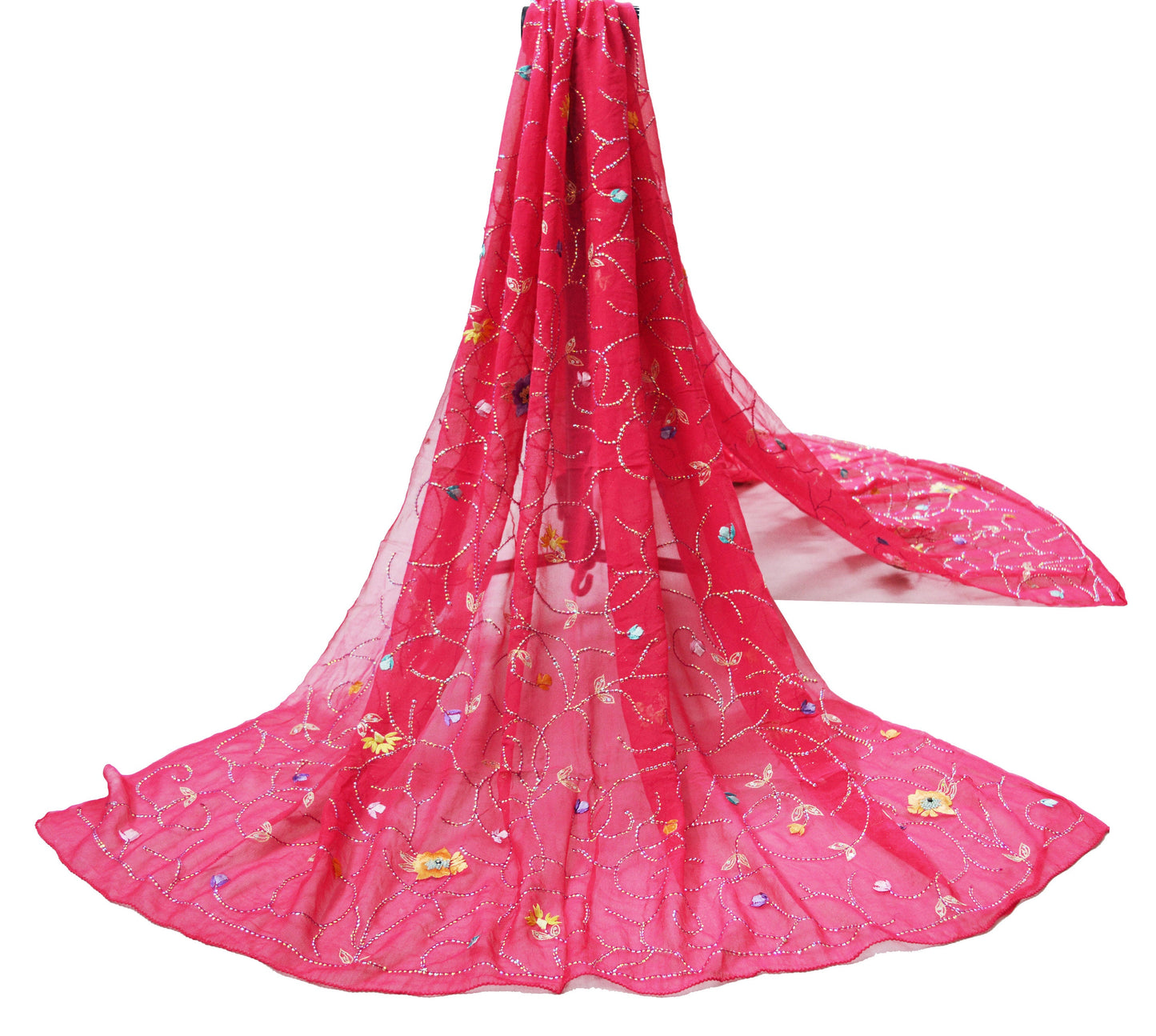 Vintage Pink Dupatta Long Stole Pure Georgette Silk Hand Embroidered Indian Scarves Veil Hijab Floral Sequins