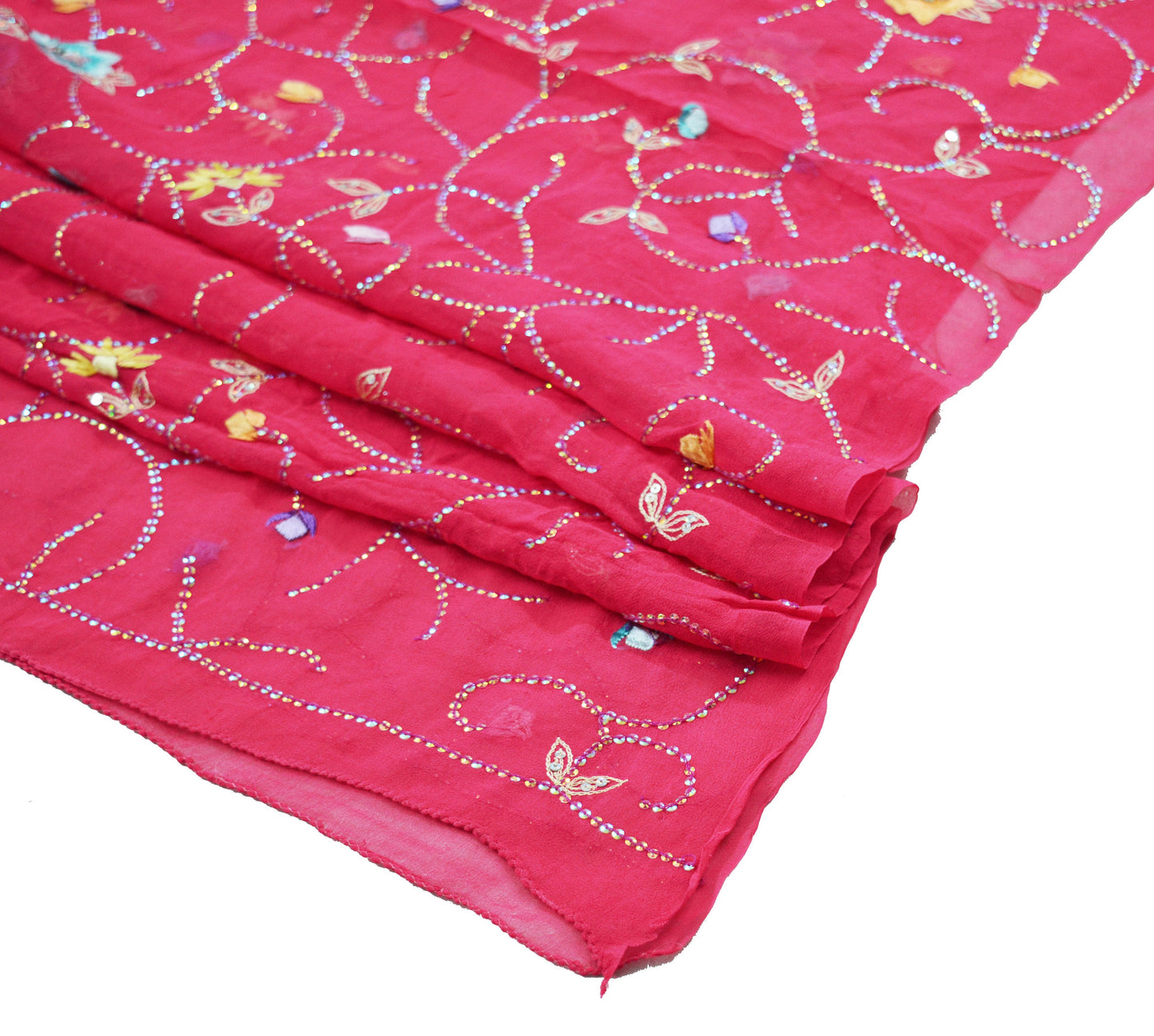 Vintage Pink Dupatta Long Stole Pure Georgette Silk Hand Embroidered Indian Scarves Veil Hijab Floral Sequins