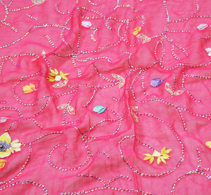 Vintage Pink Dupatta Long Stole Pure Georgette Silk Hand Embroidered Indian Scarves Veil Hijab Floral Sequins