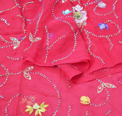 Vintage Pink Dupatta Long Stole Pure Georgette Silk Hand Embroidered Indian Scarves Veil Hijab Floral Sequins