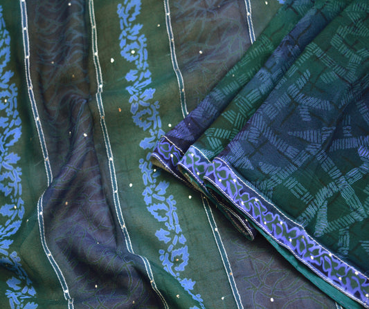 Vintage Sari Green & Blue Pure Georgette Silk Printed Mukesh work Saree Sewing 5yd Craft Fabric Soft Dress Designing for Crafting Quilting