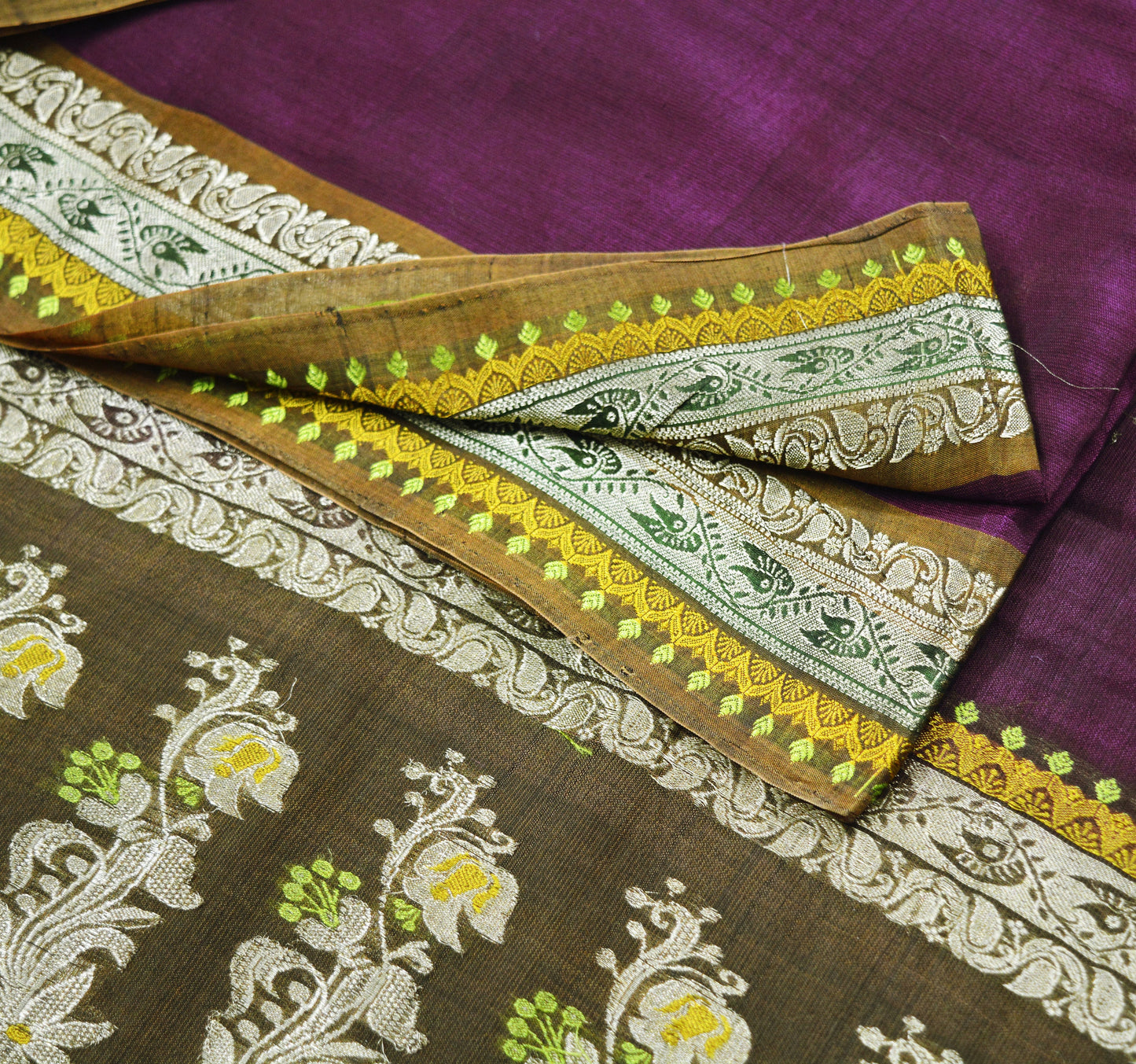 Vintage Purple Hand Woven Saree 100% Pure Silk Indian Sari Metallic Golden Zari 5Yard Floral Design