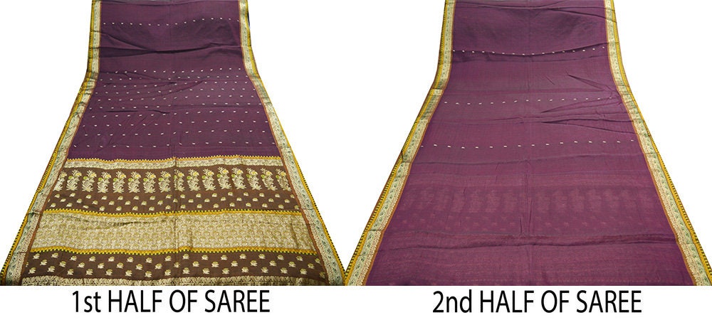 Vintage Purple Hand Woven Saree 100% Pure Silk Indian Sari Metallic Golden Zari 5Yard Floral Design