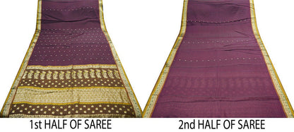 Vintage Purple Hand Woven Saree 100% Pure Silk Indian Sari Metallic Golden Zari 5Yard Floral Design