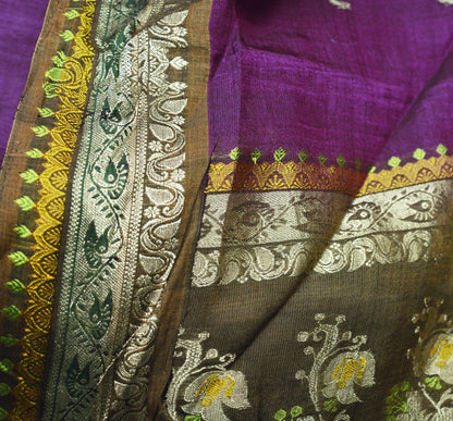 Vintage Purple Hand Woven Saree 100% Pure Silk Indian Sari Metallic Golden Zari 5Yard Floral Design