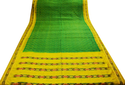 Vintage Green & Yellow Saree Pure Silk Pochampally Hand Woven Ikat Indian Sari Craft Fabric 5Yard Ethnic GoldenZari Border