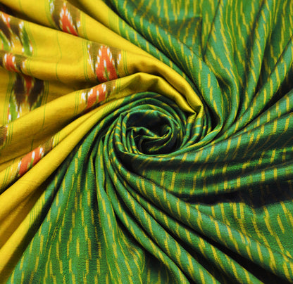 Vintage Green & Yellow Saree Pure Silk Pochampally Hand Woven Ikat Indian Sari Craft Fabric 5Yard Ethnic GoldenZari Border