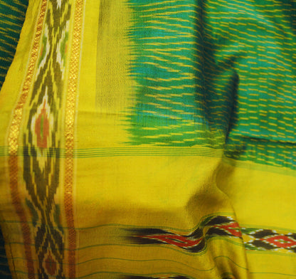 Vintage Green & Yellow Saree Pure Silk Pochampally Hand Woven Ikat Indian Sari Craft Fabric 5Yard Ethnic GoldenZari Border