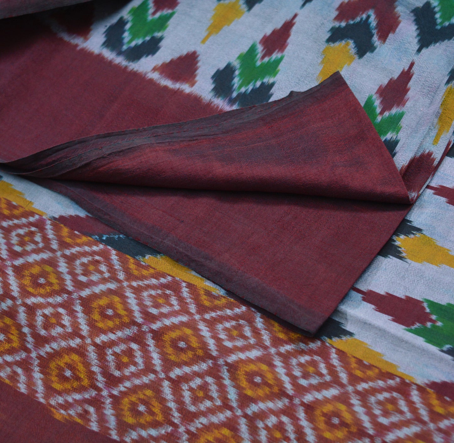 Indian Vintage Saree Gray & Maroon Pure Silk Hand Woven Ikat Indian Sari Fabric 5Yard Craft Ethnic Premium