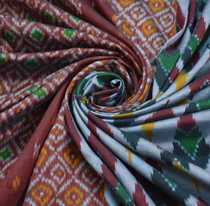 Indian Vintage Saree Gray & Maroon Pure Silk Hand Woven Ikat Indian Sari Fabric 5Yard Craft Ethnic Premium