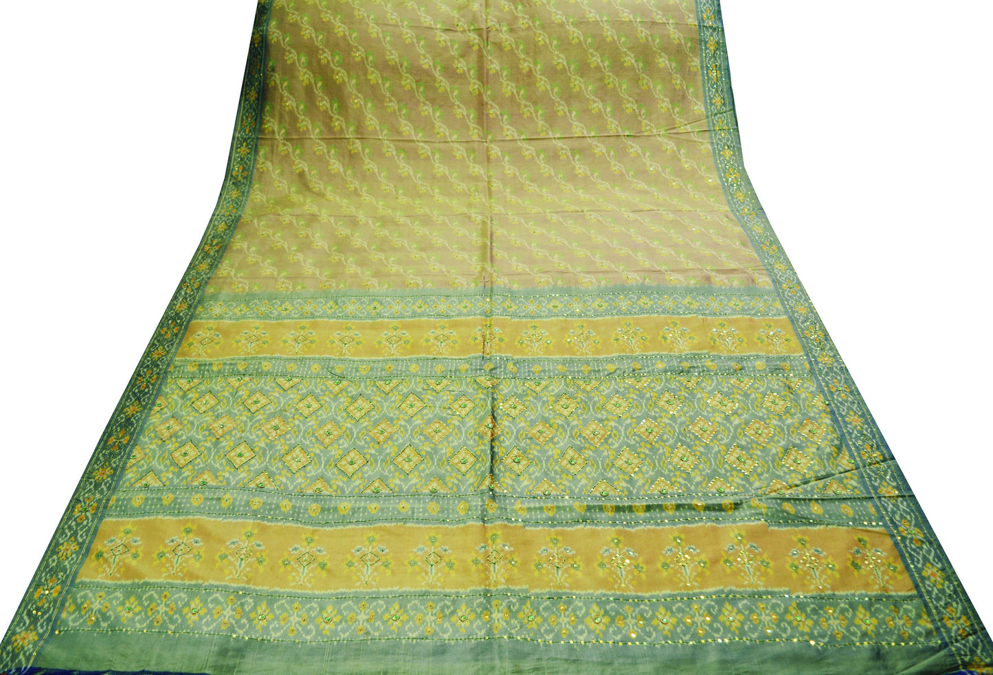 Indian Vintage Golden Brown Pure Silk Saree Hand Embroidered Woven Ikat Patola Indian Sari Fabric 5Yard Craft Ethnic Premium Saree Zardozi