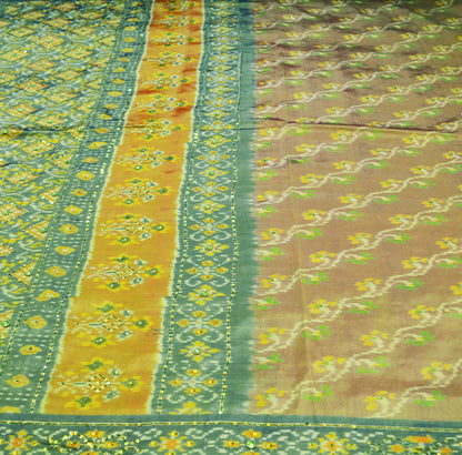 Indian Vintage Golden Brown Pure Silk Saree Hand Embroidered Woven Ikat Patola Indian Sari Fabric 5Yard Craft Ethnic Premium Saree Zardozi