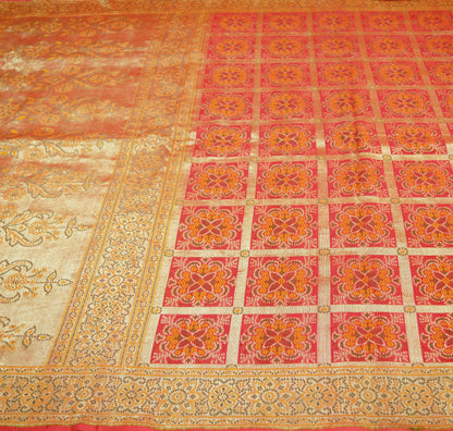 Antique Vintage Sari Red Heavy Wedding  Pure Silk Hand Woven Saree  Zari 5Yard Craft Fabric FREE EXPEDITED