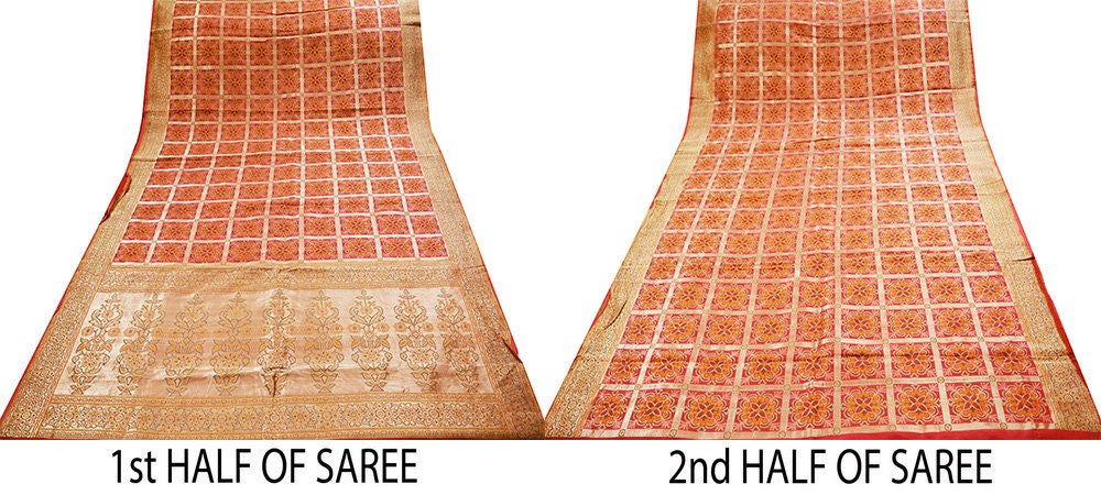 Antique Vintage Sari Red Heavy Wedding  Pure Silk Hand Woven Saree  Zari 5Yard Craft Fabric FREE EXPEDITED