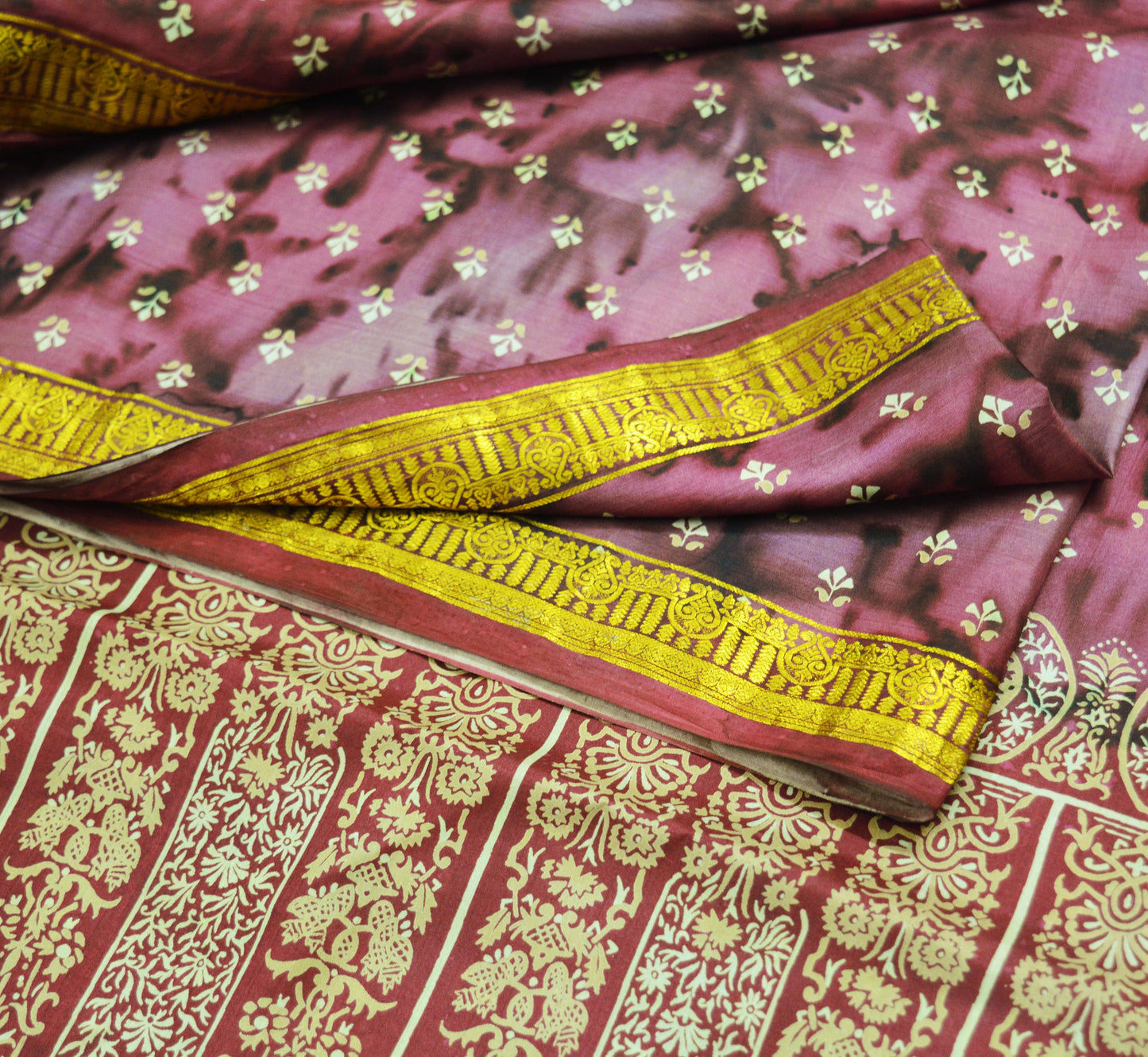 Vintage Sari Maroon & Purple Pure Silk Printed Saree Fabric 6yd Sewing Craft Zari Indian Sari Soft