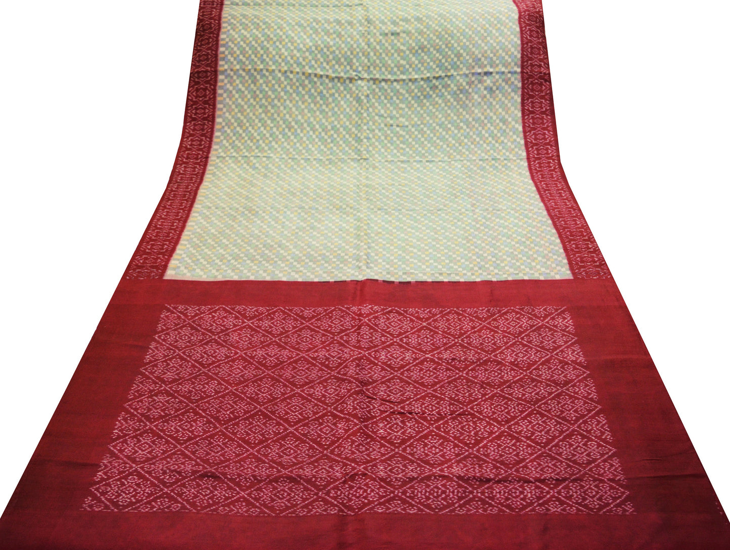 Vintage Gray & Red Pure Silk Hand Woven Ikat Saree Indian Sari Fabric 5Yard Craft Ethnic Premium Saree