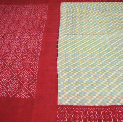 Vintage Gray & Red Pure Silk Hand Woven Ikat Saree Indian Sari Fabric 5Yard Craft Ethnic Premium Saree