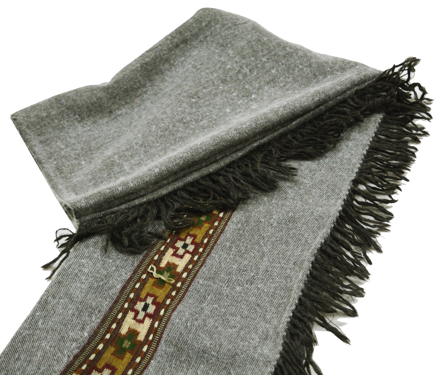 Vintage Gray Pure Woolen Handmade Kullu Shawl Woven work Long Throw Stole Warm Stole Warm Fringes