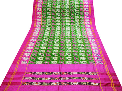 Indian Vintage Green & Pink Saree Pure Silk Patan Patola Hand Woven Ikat Indian Sari Fabric 5Yard Craft Ethnic Zari Border Elephant