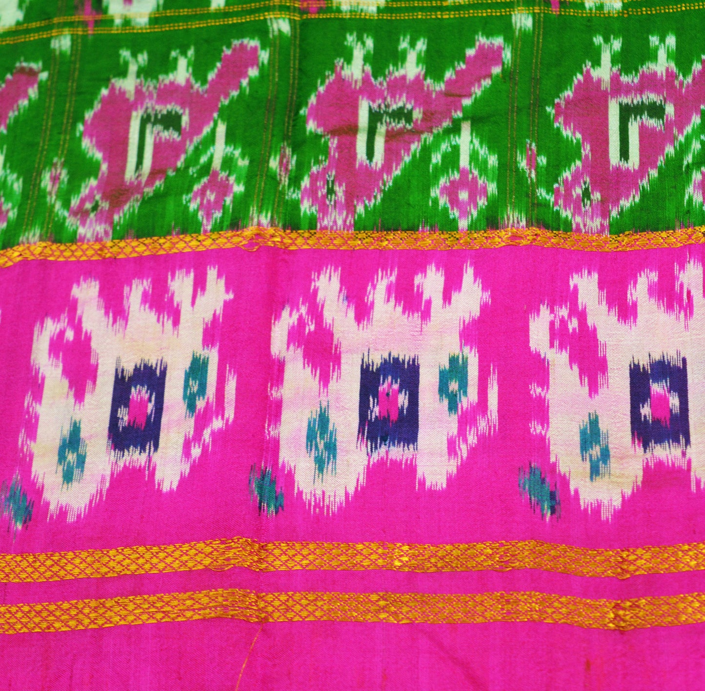 Indian Vintage Green & Pink Saree Pure Silk Patan Patola Hand Woven Ikat Indian Sari Fabric 5Yard Craft Ethnic Zari Border Elephant