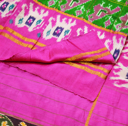 Indian Vintage Green & Pink Saree Pure Silk Patan Patola Hand Woven Ikat Indian Sari Fabric 5Yard Craft Ethnic Zari Border Elephant