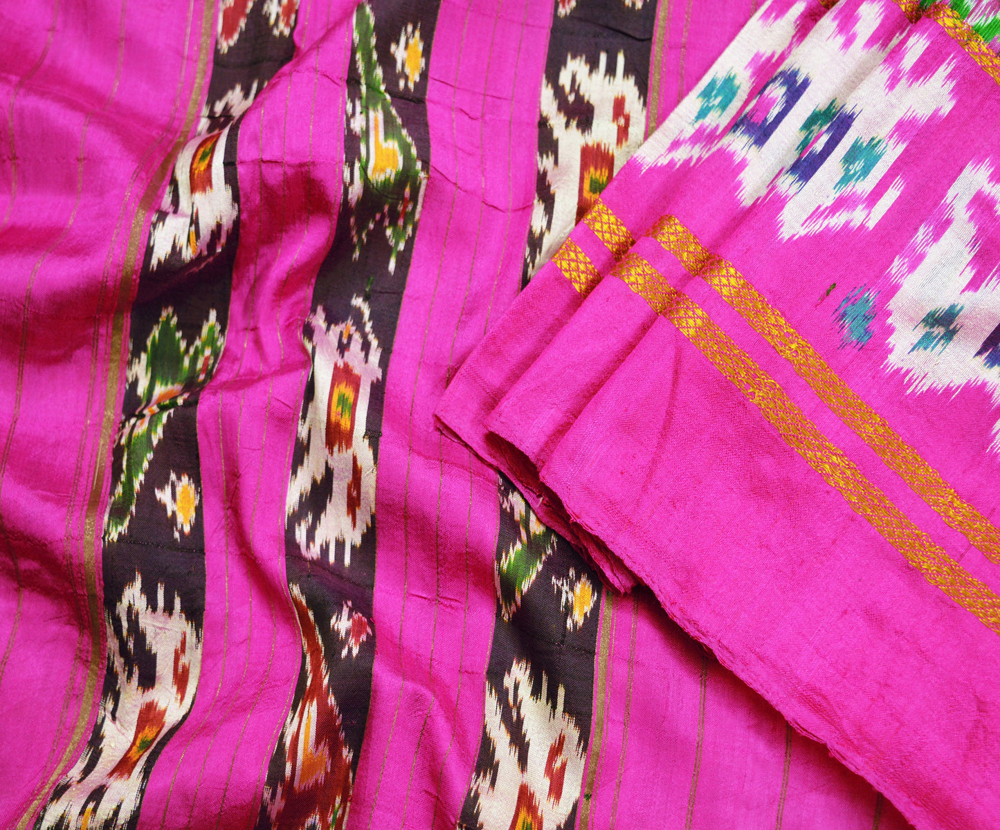 Indian Vintage Green & Pink Saree Pure Silk Patan Patola Hand Woven Ikat Indian Sari Fabric 5Yard Craft Ethnic Zari Border Elephant