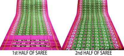 Indian Vintage Green & Pink Saree Pure Silk Patan Patola Hand Woven Ikat Indian Sari Fabric 5Yard Craft Ethnic Zari Border Elephant