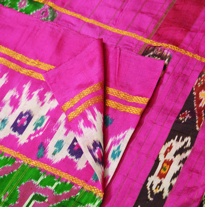 Indian Vintage Green & Pink Saree Pure Silk Patan Patola Hand Woven Ikat Indian Sari Fabric 5Yard Craft Ethnic Zari Border Elephant