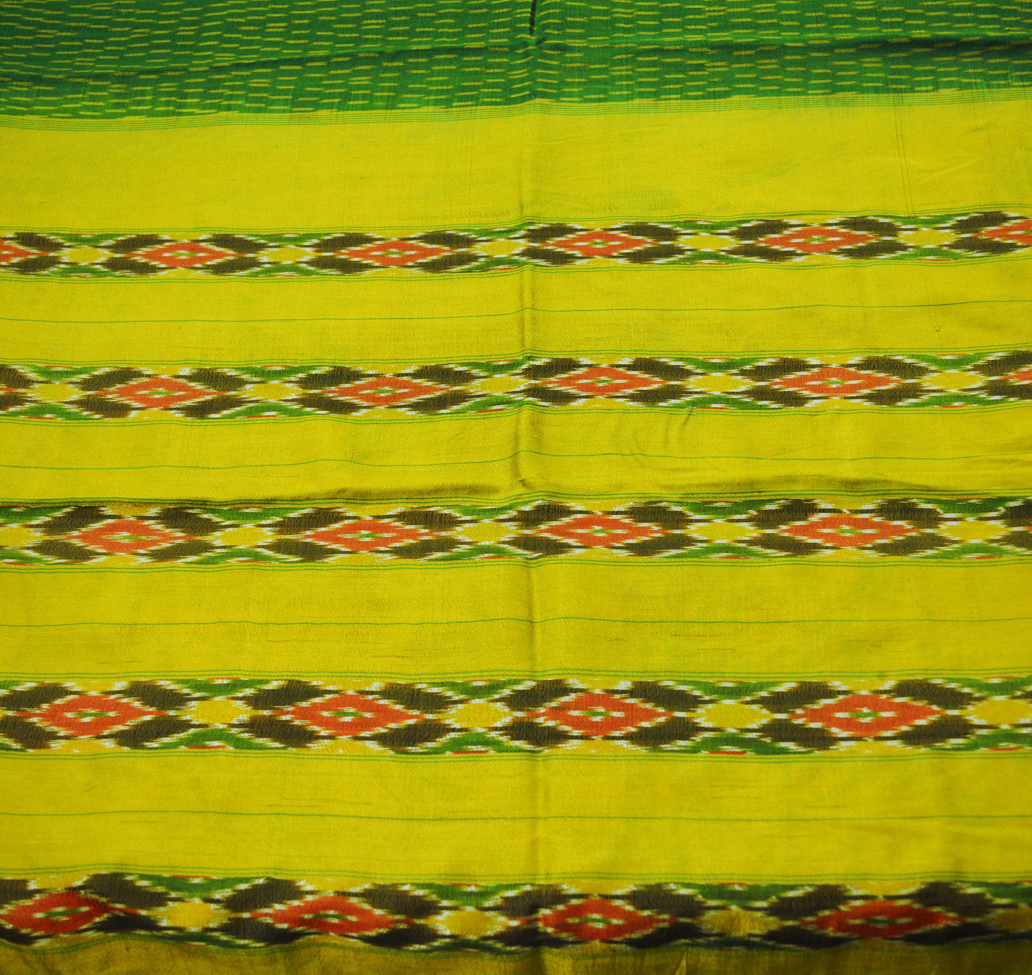 Vintage Green & Yellow Saree Pure Silk Pochampally Hand Woven Ikat Indian Sari Craft Fabric 5Yard Ethnic GoldenZari Border