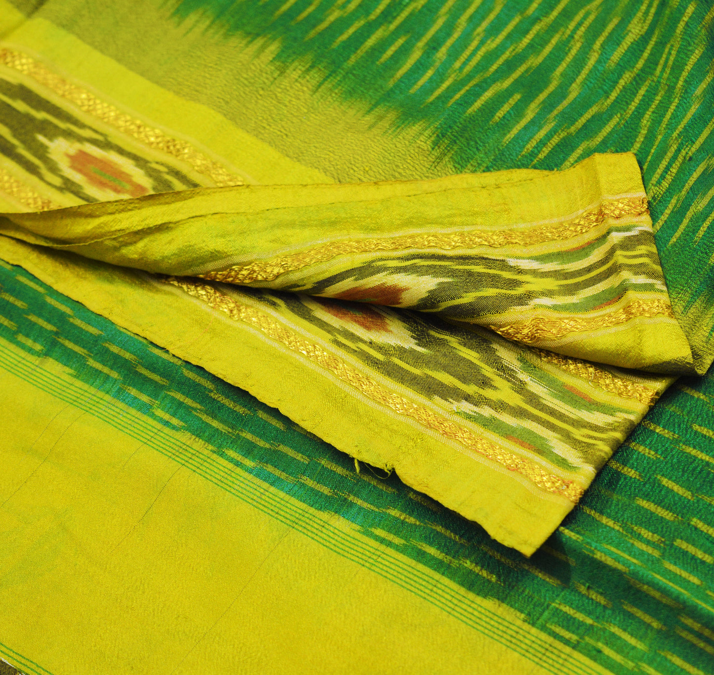 Vintage Green & Yellow Saree Pure Silk Pochampally Hand Woven Ikat Indian Sari Craft Fabric 5Yard Ethnic GoldenZari Border