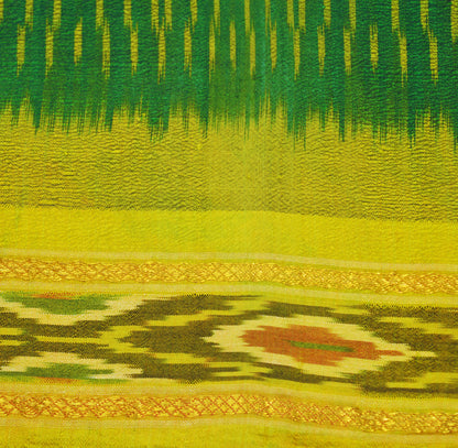 Vintage Green & Yellow Saree Pure Silk Pochampally Hand Woven Ikat Indian Sari Craft Fabric 5Yard Ethnic GoldenZari Border