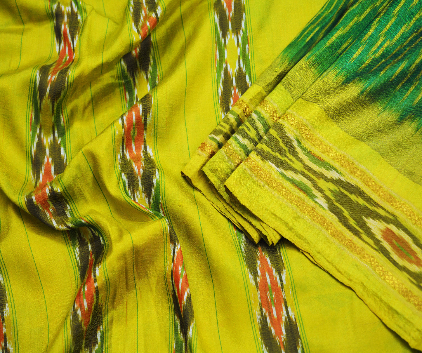 Vintage Green & Yellow Saree Pure Silk Pochampally Hand Woven Ikat Indian Sari Craft Fabric 5Yard Ethnic GoldenZari Border