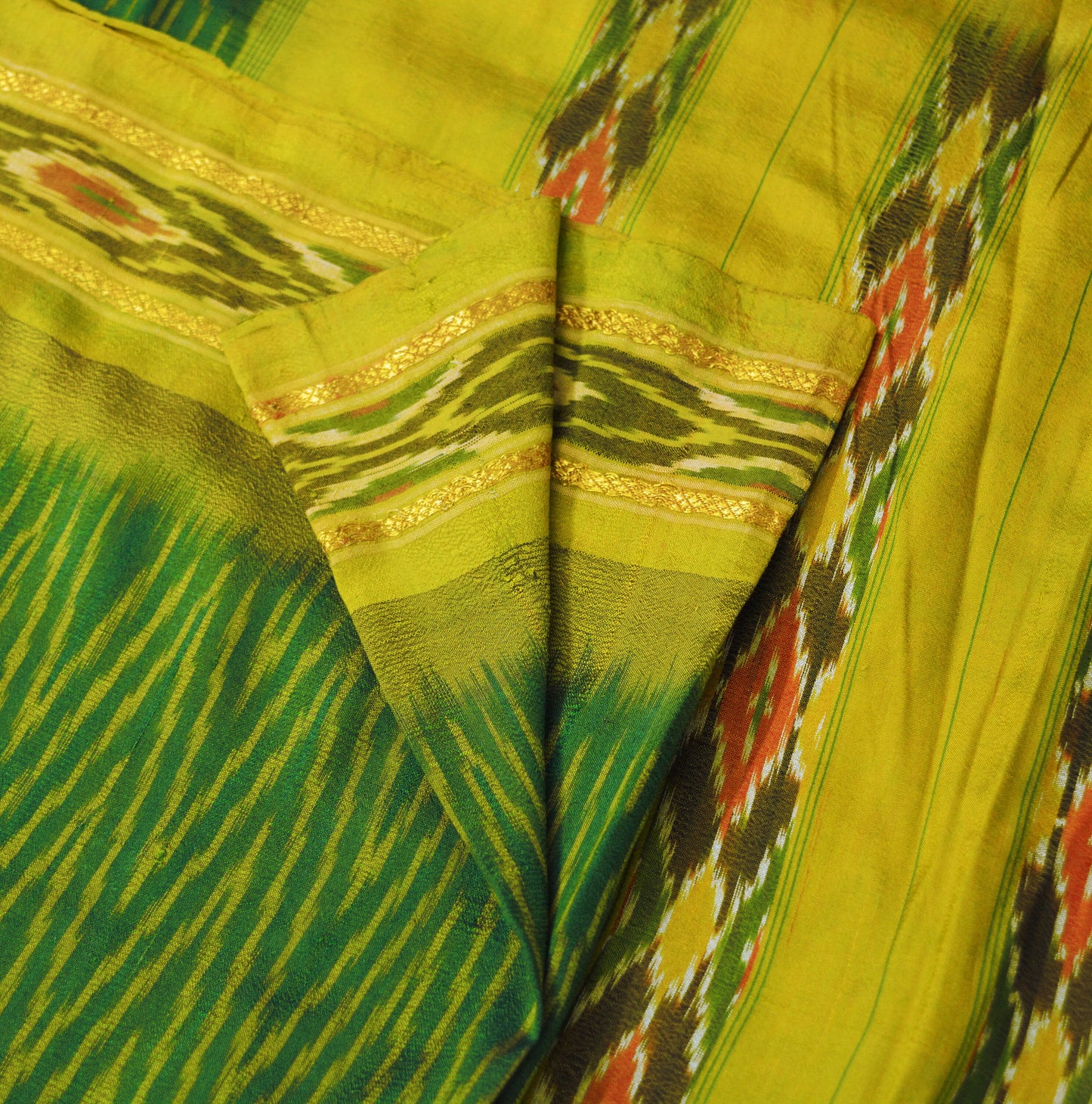 Vintage Green & Yellow Saree Pure Silk Pochampally Hand Woven Ikat Indian Sari Craft Fabric 5Yard Ethnic GoldenZari Border