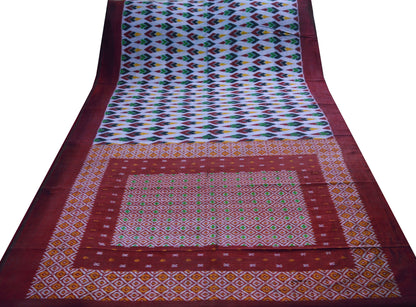 Indian Vintage Saree Gray & Maroon Pure Silk Hand Woven Ikat Indian Sari Fabric 5Yard Craft Ethnic Premium