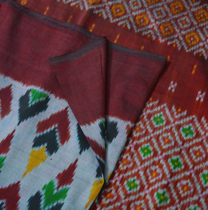 Indian Vintage Saree Gray & Maroon Pure Silk Hand Woven Ikat Indian Sari Fabric 5Yard Craft Ethnic Premium