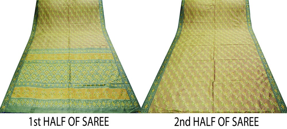 Indian Vintage Golden Brown Pure Silk Saree Hand Embroidered Woven Ikat Patola Indian Sari Fabric 5Yard Craft Ethnic Premium Saree Zardozi