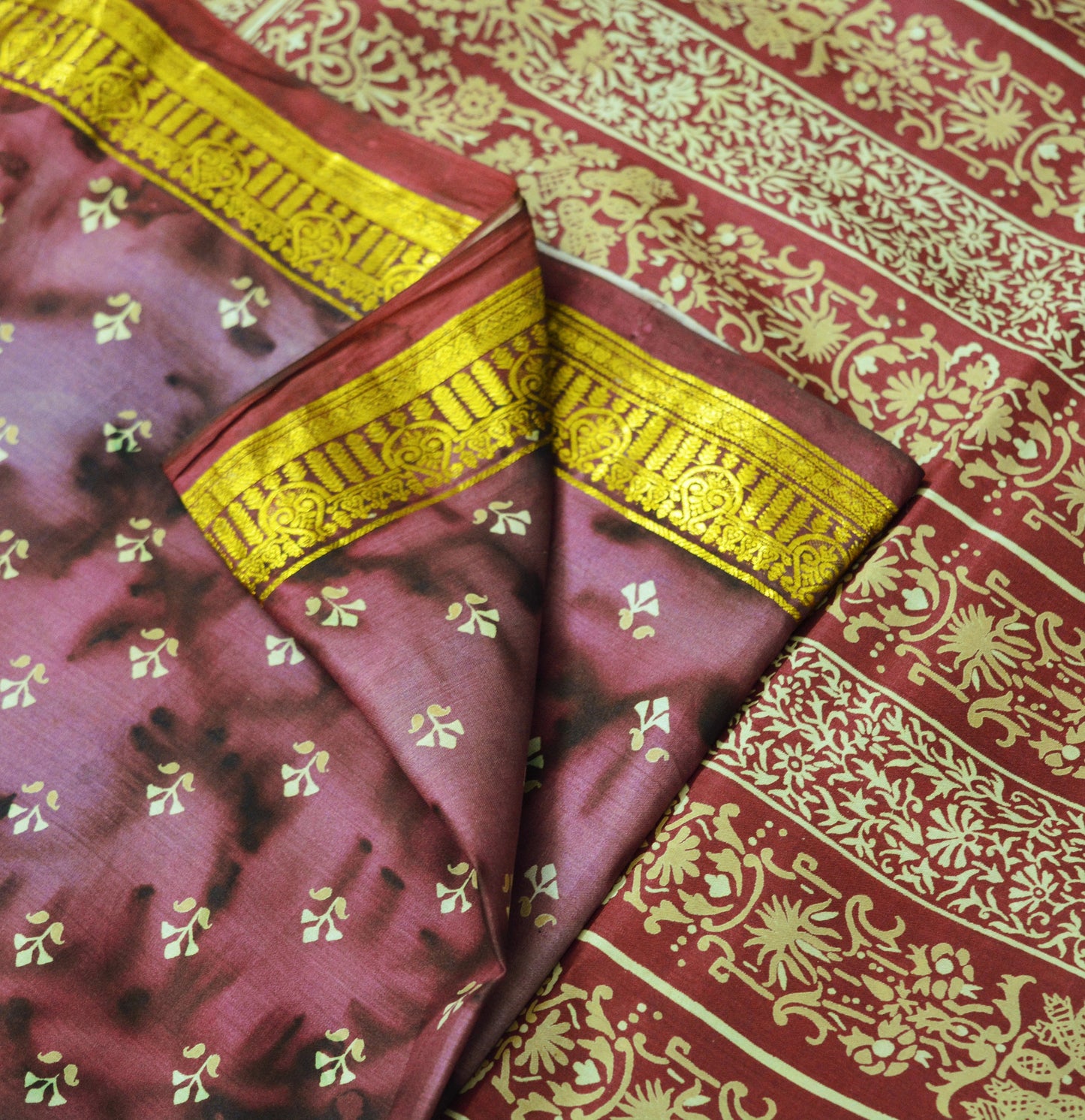 Vintage Sari Maroon & Purple Pure Silk Printed Saree Fabric 6yd Sewing Craft Zari Indian Sari Soft