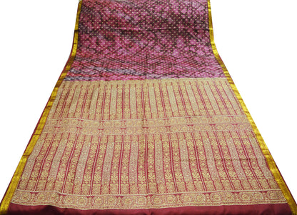 Vintage Sari Maroon & Purple Pure Silk Printed Saree Fabric 6yd Sewing Craft Zari Indian Sari Soft