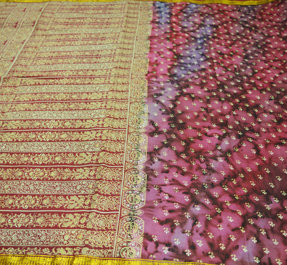 Vintage Sari Maroon & Purple Pure Silk Printed Saree Fabric 6yd Sewing Craft Zari Indian Sari Soft