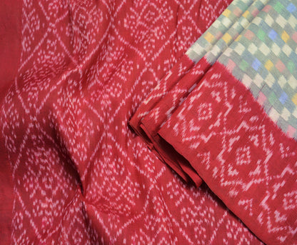 Vintage Gray & Red Pure Silk Hand Woven Ikat Saree Indian Sari Fabric 5Yard Craft Ethnic Premium Saree