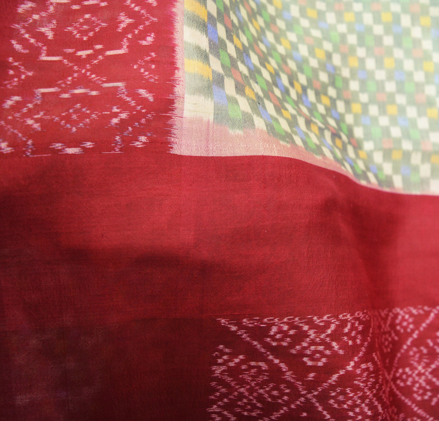 Vintage Gray & Red Pure Silk Hand Woven Ikat Saree Indian Sari Fabric 5Yard Craft Ethnic Premium Saree