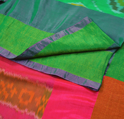 Indian Vintage Green & Pink Pure Silk Hand Woven Ikat Saree Indian Sari Fabric 5Yard Craft Ethnic Zari Premium Saree