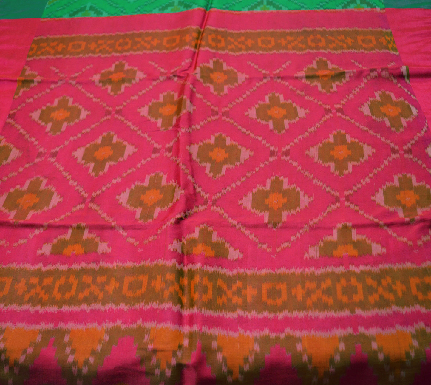 Indian Vintage Green & Pink Pure Silk Hand Woven Ikat Saree Indian Sari Fabric 5Yard Craft Ethnic Zari Premium Saree