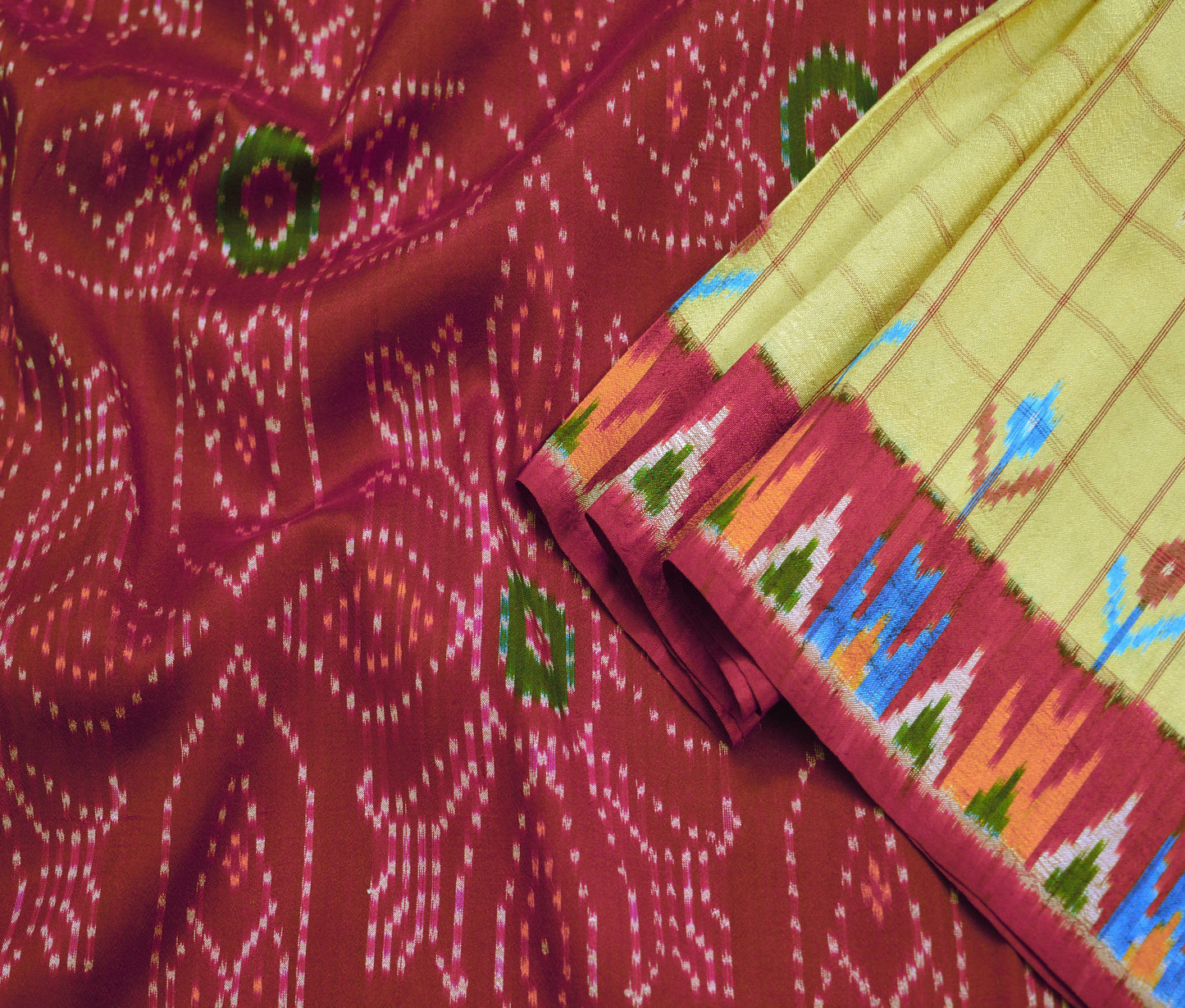 Indian Vintage Beige & Maroon Pure Silk Hand Woven Ikat Saree Indian Sari Fabric 5Yard Craft Ethnic Premium Saree