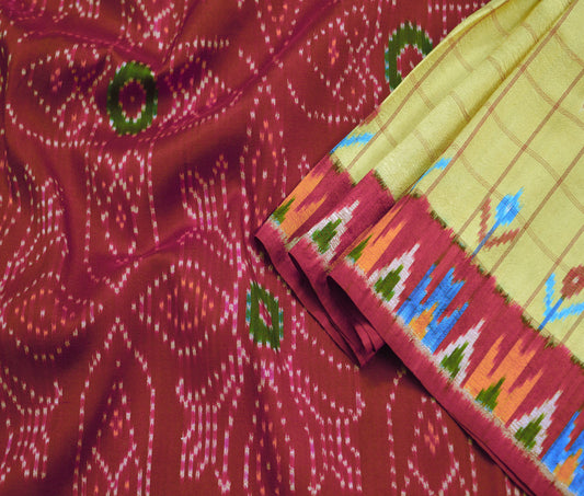 Indian Vintage Beige & Maroon Pure Silk Hand Woven Ikat Saree Indian Sari Fabric 5Yard Craft Ethnic Premium Saree