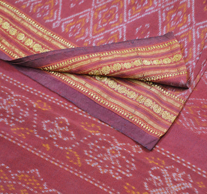 Indian Vintage Maroon Pure Silk Hand Woven Ikat Saree Indian Sari Craft Fabric 5Yard Zari Ethnic Premium Saree